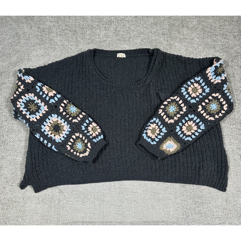 Pol Sweater Womens Large Gray Granny Square Crochet Oversized Boho - Picture 2 of 9
